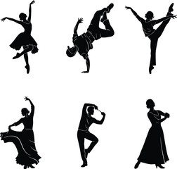 Silhouette Illustrations of Different Dance Styles, Including Ballet, Breakdance, Flamenco, and Contemporary Dance Poses and Movements
