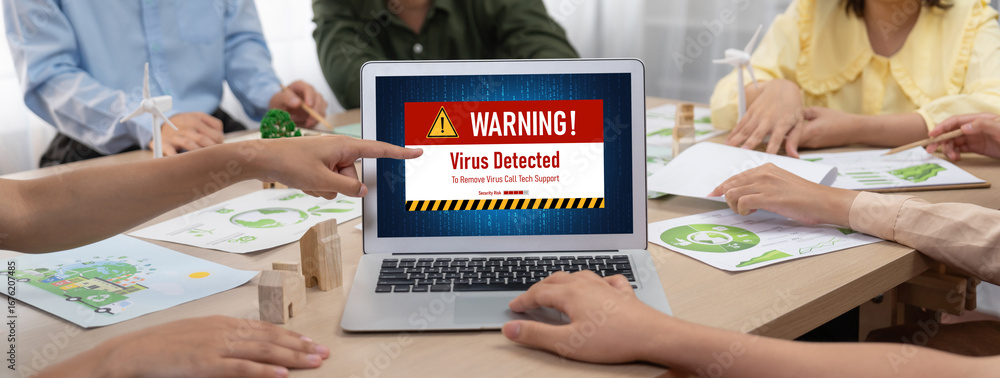 Poster virus warning alert on computer screen detected brisk cyber threat , hacker, computer virus and malw