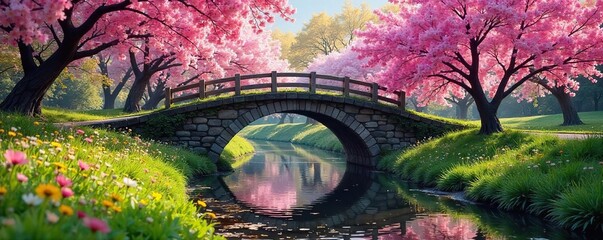 Naklejka premium A vibrant springtime scene featuring a picturesque bridge arched over a tranquil stream, blossoms in full bloom on either side, sunlight dappling the water , stream, wooden, vibrant