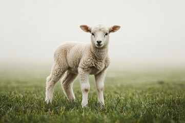 Obraz premium Lamb, field, foggy morning, pasture, spring