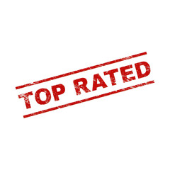 Bold distressed red rubber stamp impression "top rated" graphic for approval and excellence transparent background