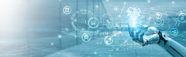 Hand of robotic holding business cooperation on global networking, collaborative partnerships, cross-border trade solutions, strategic alliances, digital supply chain, joint venture development.