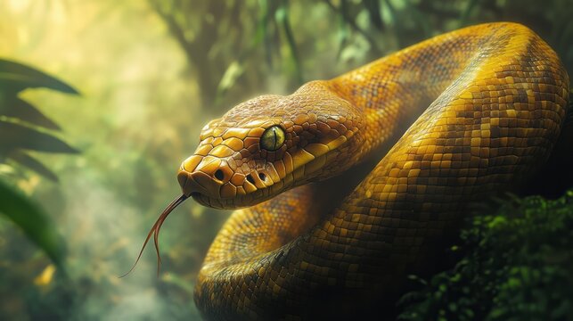 In a vibrant jungle a majestic yellow python coils amid the greenery, highlighting the areas rich biodiversity and inviting explorers to discover its captivating habitat and the hidden exotic wildlife