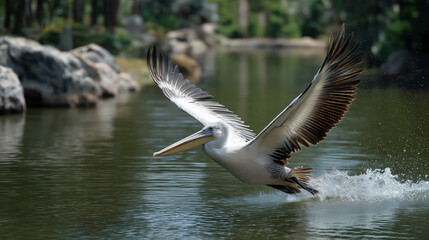 A pelican dives, the dynamic scene illuminated by gentle sunlight. Pelican, water, with copy space