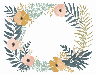 Minimal botanical wedding frame elements on white background. Set of wreath, flowers, leaf branches in hand drawn pattern. Foliage line art design for wedding, card, invitation, greeting, logo