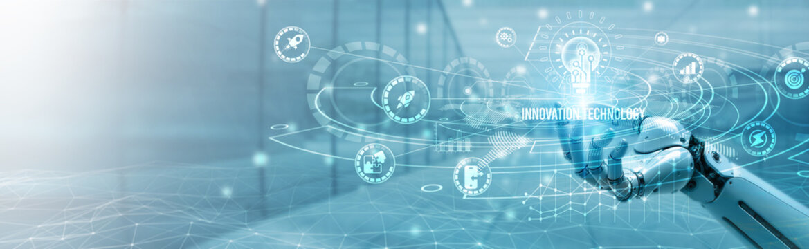 Hand of robotic holding innovation technology on global networking, advanced automation, AI-powered solutions, futuristic design, product development, cutting-edge systems, digital breakthroughs