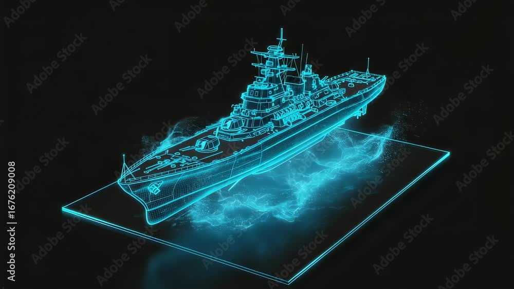 Poster digital wireframe battleship floating above energy field simulation. abstract virtual naval vessel b