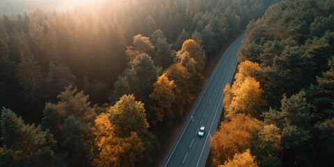 Aerial view of car on scenic road through autumn forest at sunrise