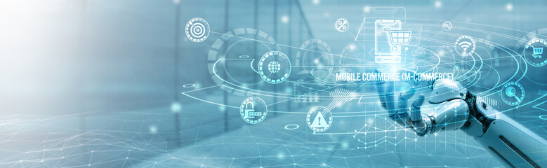 Hand of robotic holding mobile commerce on global networking, digital payment systems, e-commerce...