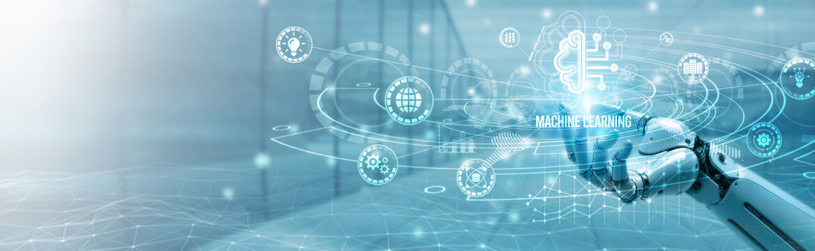 Hand of robotic holding machine learning on global networking, predictive analytics, data modeling, algorithm optimization, AI-powered automation, advanced digital intelligence.