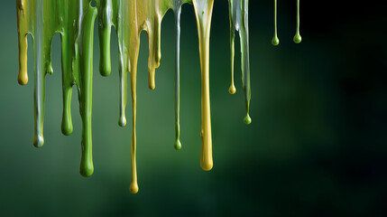 Paint drips on green, the artistic scene illuminated by soft light. Paint, drips, with copy space