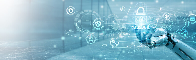 Hand of robotic holding secure coding on global networking, cybersecurity practices, application protection, vulnerability detection, secure software development, risk prevention measures.