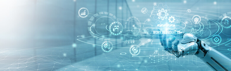 Hand of robotic holding work in progress on global networking, project development, workflow automation, task tracking, real-time updates, collaborative platforms, agile methodology execution.