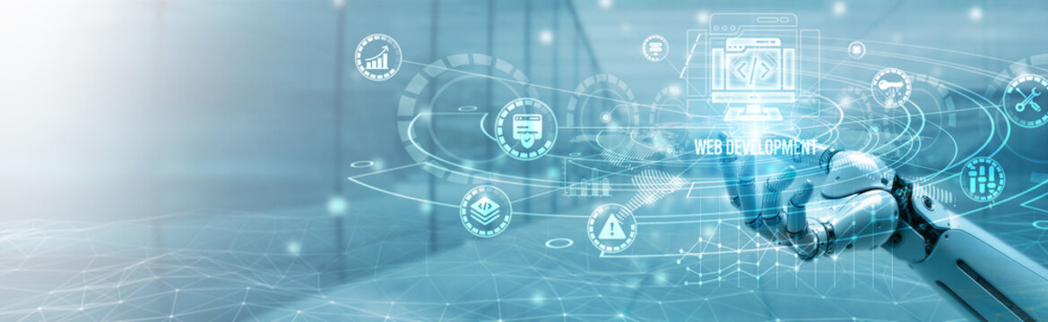 Hand of robotic holding web development on global networking, responsive design, coding frameworks, application programming, front-end and back-end integration, user experience enhancement