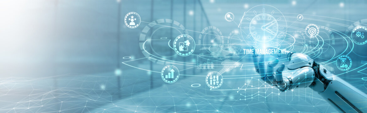 Hand of robotic holding time management on global networking, productivity tools, scheduling optimization, deadline tracking, task automation, digital calendar integration, efficiency improvement.