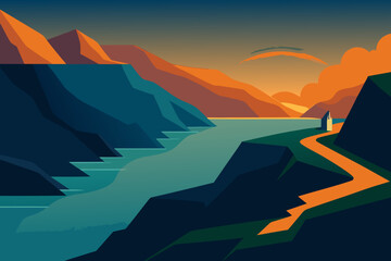 Geometric mountain landscape with river and sunset