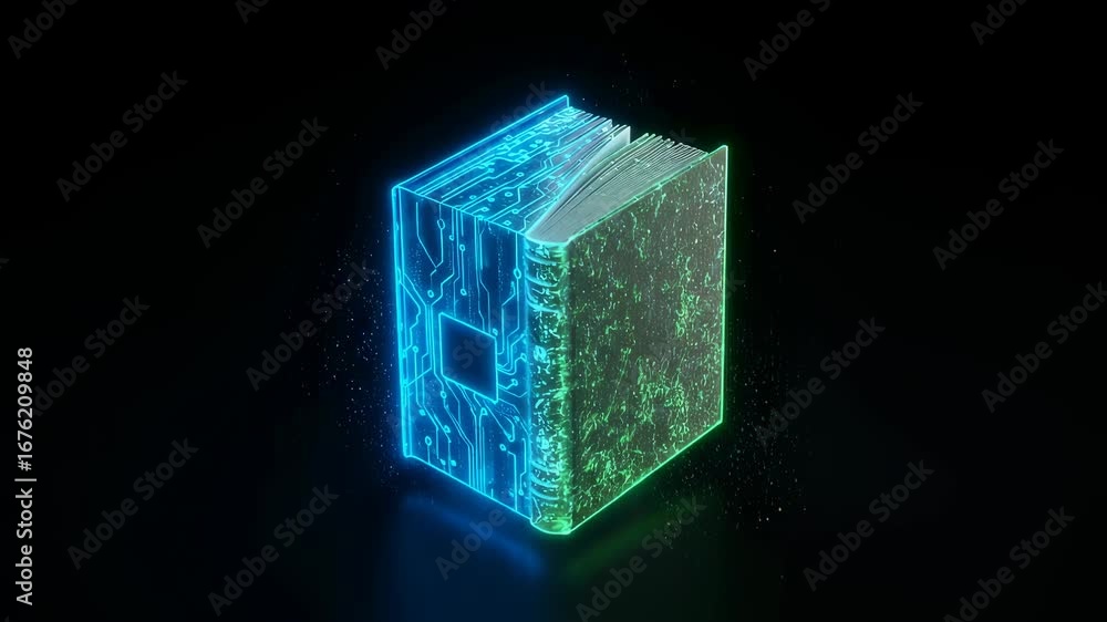 Poster digital book with glowing circuit patterns on black background representing modern technology data a