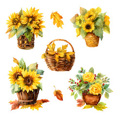 Watercolor Autumn Floral Arrangements Collection for Seasonal Decorations and Design