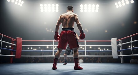 High resolution image of a boxing athlete in sports arena facing opponent with powerful stance, gloves and illuminated ring for competition themes
