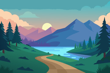 Serene mountain lake landscape at sunset with a winding path