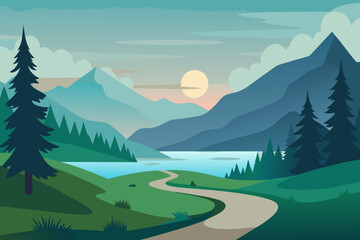 Serene mountain landscape with winding path and lake at sunset