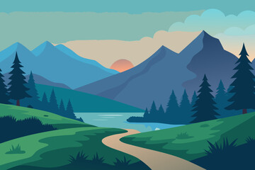 Serene mountain landscape with winding path and sunset over lake