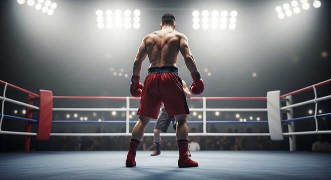 High resolution image of a boxing athlete in sports arena facing opponent with powerful stance, gloves and illuminated ring for competition themes