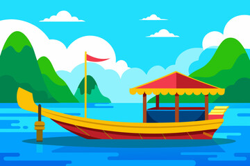 Traditional boat on a calm blue sea with green mountains and clouds