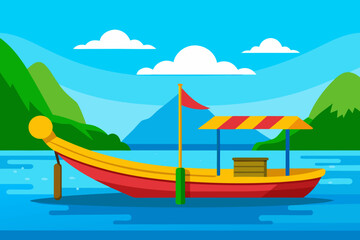 Naklejka premium Colorful boat on a serene lake with mountains and clouds