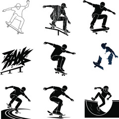 Skateboarder Silhouettes Performing Tricks, Jumping, and Grinding, Illustrations for Action Sports, Skateboarding, and Urban Design