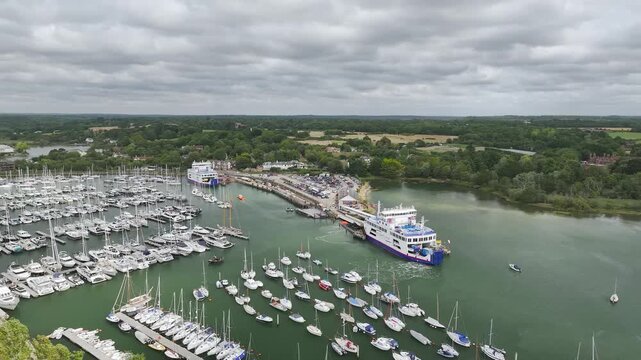 Lymington River and marina from drone, Lymington, New Forest, Hampshire, England