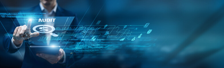 Audit officer using a smart tablet for performance monitoring audit procedures, compliance documentation accuracy reporting verification, and risk control transparency.