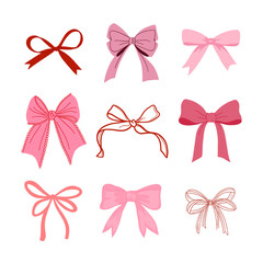 Pink bows collection. Cute ribbon bow. Girly vintage accessories. Gift wrap, festive packaging. Hand drawn vector illustration
