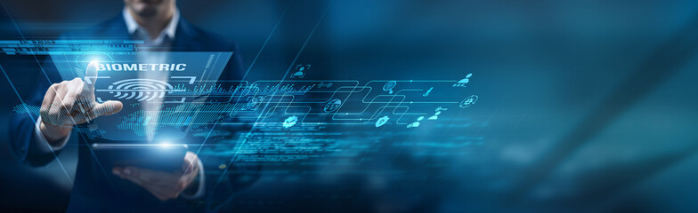 A security specialist using a smart tablet for performance monitoring biometric authentication,...