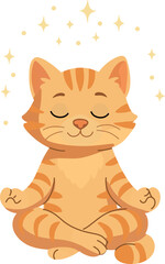 Adorable  cat meditating in lotus pose with closed eyes and sparkles above, symbolizing peace, mindfulness, and calm energy.