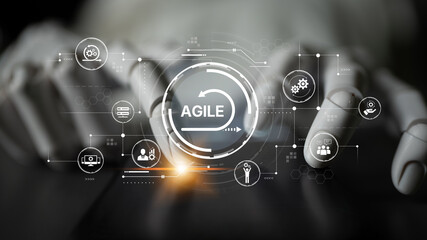 Fototapeta premium AI enhances agile projects with smart planning tools, virtual collaboration, and intelligent sprint optimization for continuous improvement. Artificial intelligence spline