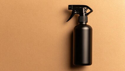 black spray bottle mockup on a brown background, top view. flat lay style. minimal concept of cleaning and home care. stock photo contest winner, 2038 x 2976 resolution, high detail, high quality. 