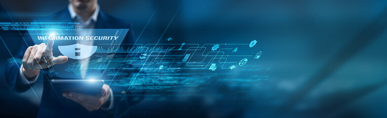 Security analyst using a smart tablet for performance monitoring information security protocols,...