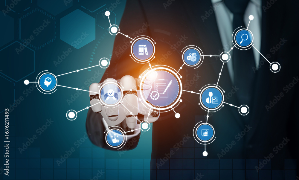 Poster a businessman engages with digital technology to enhance data management and communication, showcasi