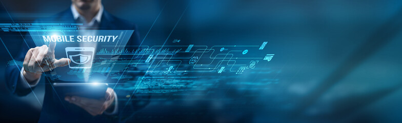 Security analyst using a smart tablet for performance monitoring mobile security threats,...