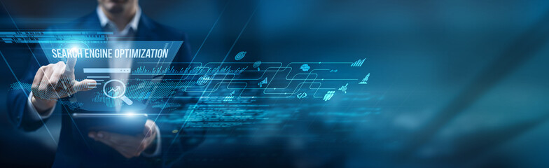 SEO strategist using a smart tablet for performance monitoring search engine optimization, rankings analytics automation keyword research visibility performance traffic.
