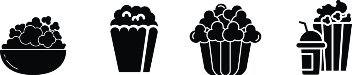 Popcorn icon set.bucket box cinema concept. vector icon can be used for watching movie take away food snack. popcorn symbol template for graphic and web design collection logo vector illustration.