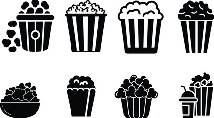 Popcorn icon set.bucket box cinema concept. vector icon can be used for watching movie take away food snack. popcorn symbol template for graphic and web design collection logo vector illustration.