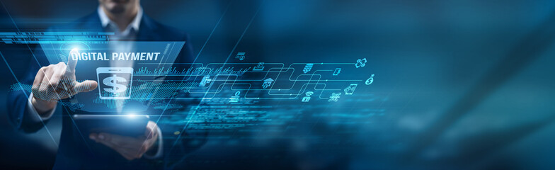 Fintech analyst using a smart tablet for performance monitoring digital payment platforms,...