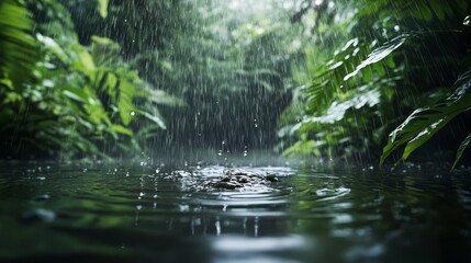 A jungle scene depicting soft raindrops creating ripples and delightful reflections in calm water, illustrating the beauty of biodiversity and tranquility found in natures lush outdoor environments