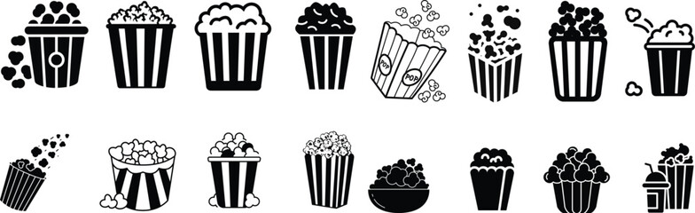 Popcorn icon set.bucket box cinema concept. vector icon can be used for watching movie take away food snack. popcorn symbol template for graphic and web design collection logo vector illustration.