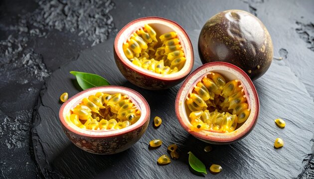Passion Fruits Cut Open (Brazil-Asia)_Passion fruits split open to reveal vibrant