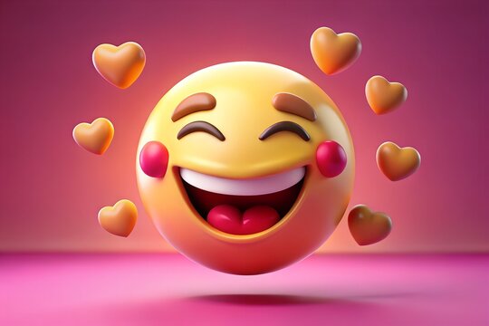 Photo of joyful emoji with blushing cheeks and heart shapes, conveying extreme happiness and delight