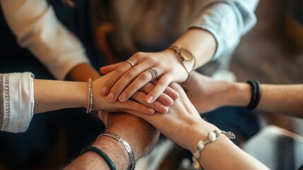 Fototapeta premium Stack of hands symbolizing unity and teamwork in collaboration.