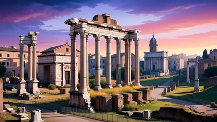 Explore the Ancient Roman Forum at Sunset for your travel blog or historical website, showcasing architectural ruins and rich history, perfect for travel guides and cultural exploration